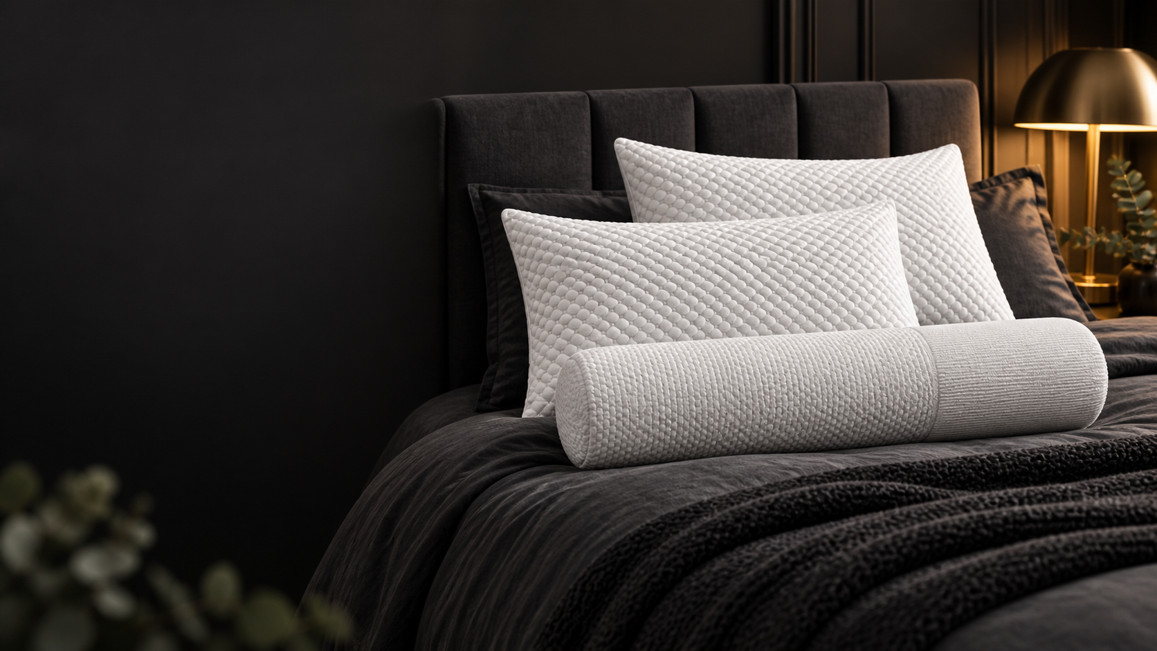 Bantal dan guling putih bertekstur di atas tempat tidur hitam dengan lampu emas